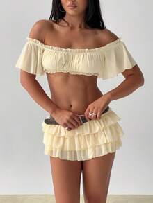 Women's Waist Ruffle Tiered Layered Skirts Low Rise Ruched Y2K A Line Mini Skirt - 黃色 - 查看 2