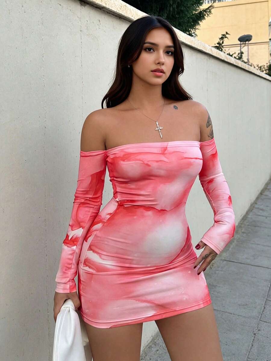 Women Pink & White Tie Dye Long Sleeve Bodycon Dress - Multicolor - View 1