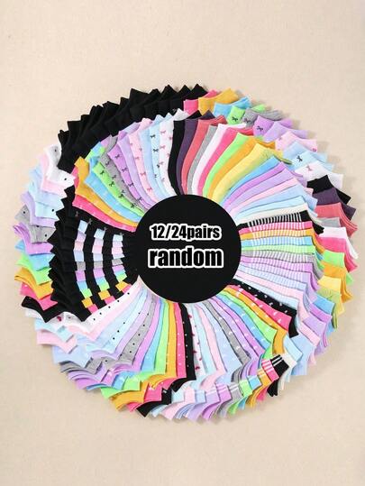 12/24 Pairs Kids Random Spring/Summer/Autumn Casual Short Socks Mix, Heart & Bow, Stripe & Polka Dot Breathable Elastic Socks