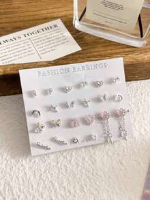 11 Pairs Cat's Eye Stud Earrings Set With Shallow-Colored Bow, Glitter Pink Earrings, Zinc Alloy Rhinestone Earrings, Fashionable & Suitable For Daily Wear, A Gift For Girlfriend - Hồng - Xem 7
