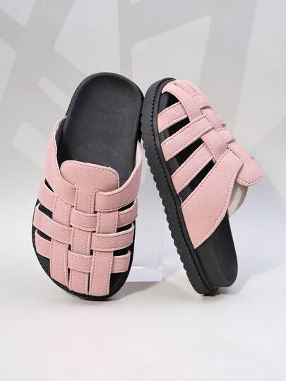 A Pair Of Girls' Simple Solid Color Woven Straps, Comfortable Flat Bottomed Sandals, Summer Beach Slippers