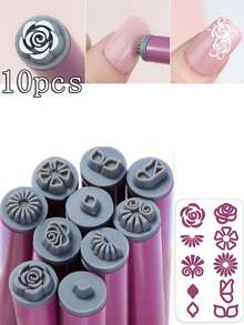 4/6/10pcs Graffiti Draw Nail Art Stamping Pen Set, DIY Flower Nail Design Stamp Tools With Rose & Leaf Patterns, Easy Nail Printing Kit For Home Manicure Beginners - Multicolor - View 13
