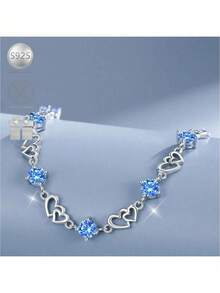 1pc Minimalist & Fashionable 925 Silver Cubic Zirconia Heart Geometric Bracelet, Suitable For Women, Ideal For Vacation, Party And Music Festival - Silver - View 3