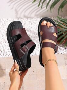 女士夏季新款厚底坡跟舒适户外休闲凉拖鞋，露趾设计，时尚百搭黑色皮革罗马凉鞋 - 酒紅色 - 查看 6