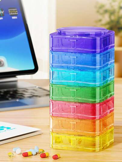 7-Day Stackable Pill Organizer Box, 1pc Detachable Transparent Plastic Portable Travel Pill Case With 7 Colored Compartments, Waterproof Dustproof Mini Pill Box For Daily Medication, Vitamins And Supplements, Suitable For Outdoor Travel, Home Use, Cruise, Easy To Carry And Clean, Unisex, Helps Manage Medication Time