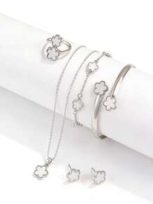 1 Set Jewelry For Women Includes 1 Necklace With Clover Pendant, 1 Bracelet, 1 Pair Of Earrings, 1 Ring, 1 Bangle - 銀色 - 查看 3