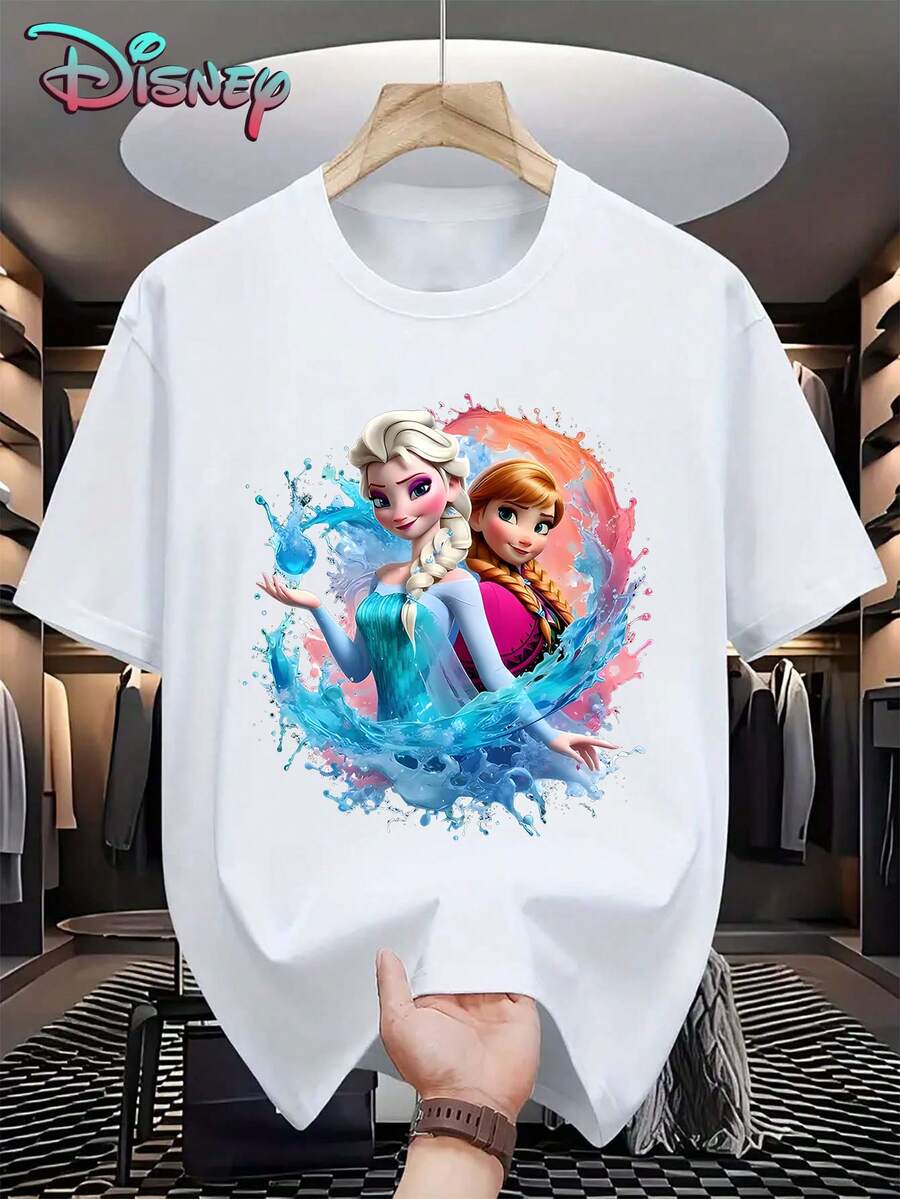 Casual Women's T-Shirt With Round Neck And Short Regular Sleeves, Featuring A Disney Frozen Elsa & Anna Graphic Print, Comfortable Cotton Fabric With Slight Stretch - White - View 1