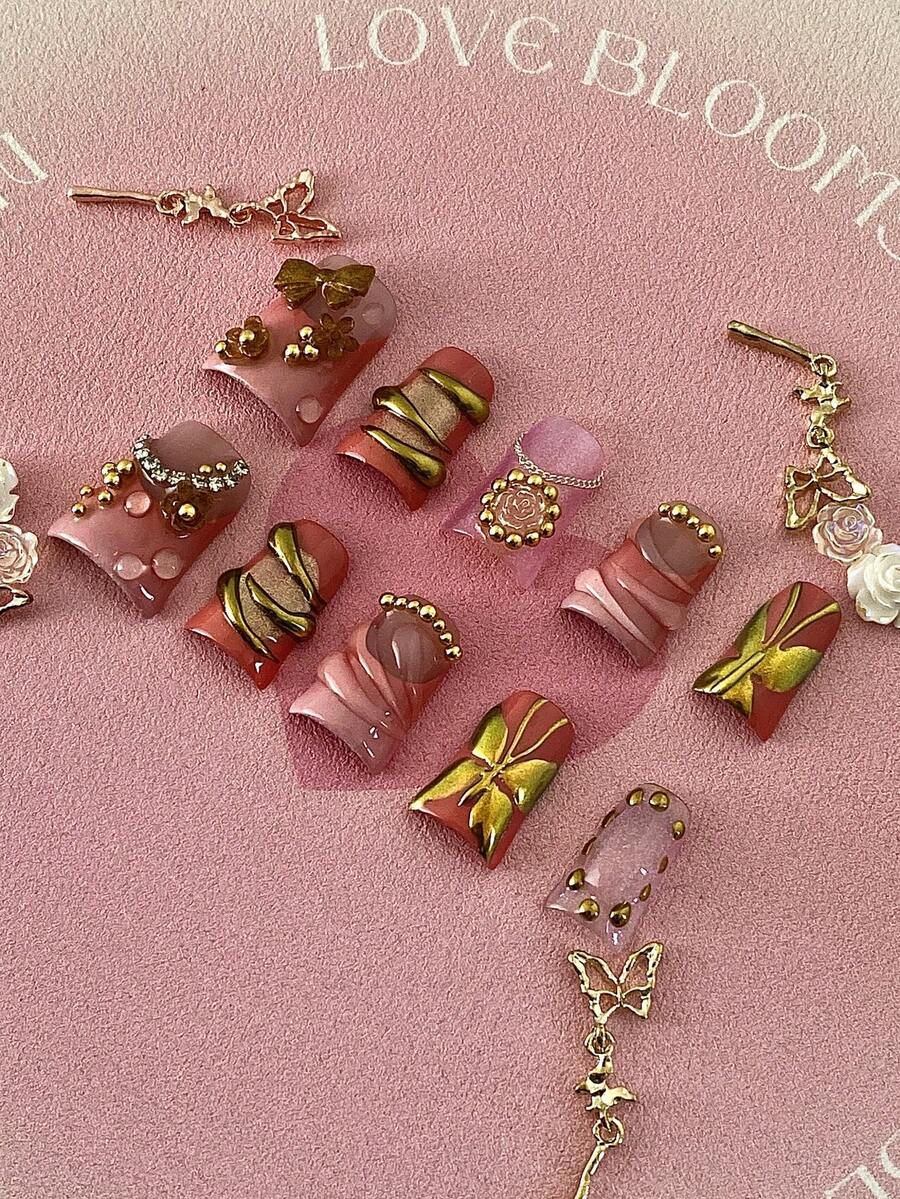 Bộ 10 miếng dán móng tay thủ công màu hồng, thích hợp cho ngày Valentine, làm từ chất liệu acrylic, họa tiết chuyển màu được vẽ tay, trang trí pha lê phong cách Y2K, bộ dụng cụ làm móng nghệ thuật có thể tái sử dụng, bao gồm gel móng, sơn móng, miếng dán móng và các vật dụng cần thiết khác cho thợ làm móng.