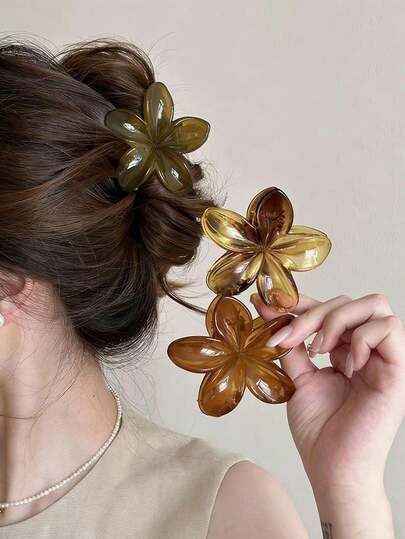 3pcs/1pc Women's 7.8cm/3.07in Green, Tortoiseshell, Brown Semi-Transparent Floral Plastic Hair Clips, Fashionable Versatile Elegant Minimalist Solid Color Hair Accessories Suitable For Daily Wear, Casual, Party, Commute, Vacation, Ponytail, Bun, Face Washing, Makeup, Outfit Matching