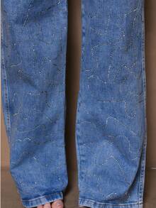 Women's Blue Jeans With Glitter Wave Pattern, High Waist, Premium - Dark Wash - View 10