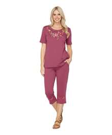 Women Short Sleeves Embroidered Cotton Blend Lounge Wear  Sets - 李子 - 查看 2