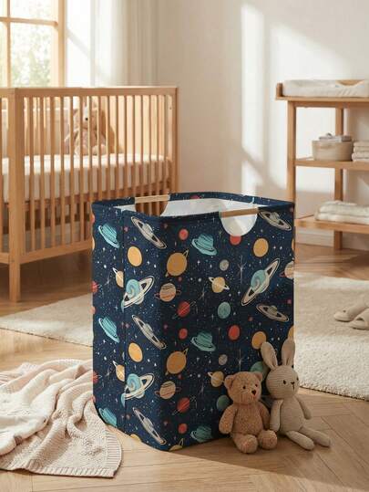 大容量可折叠洗衣篮，带木质提手，印有动物、宇宙、爱心图案，多用途，可用于浴室、婴儿房、玩具和衣物收纳
