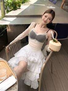 Women's Lace Trim Camisole Top, Elegant Sweet Streetwear Style Gray & White Polka Dot Mesh Strap Vest Top With Padded Cups, Suitable For Summer Daily Wear, Dates, Parties, Music Festivals, Easter, Beach Vacation, Versatile Sexy Singlet, Fitted Heart Neck Mesh Lace Trim Layered Blouse - Black - View 3