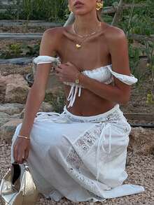 Women's White Lace Two-Piece Set, Ruched Crop Top High-Waisted Maxi Skirt, Boho Sheer Cover-Up For Beach Vacation, Brunch, Y2K Fashion - trắng - Xem 8