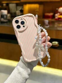 Striped Cream Wavy Edge Fashionable Bracelet Included Thick Shockproof Phone Protective Case Suitable For IPhone 17/17 Pro, 15 Pro Max, 16/16 Pro/16 Pro Max, 16 Plus, 15 XR/7/8, 15 Pro Max, 12/13/14 Pro Max, Phones - Multicolor - View 1