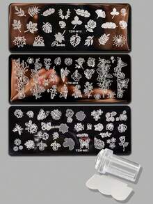 4pcs Nail Art Stamping Plate & Scraper Set, Floral, Leaf, Butterfly, Rose Plant Pattern, DIY Nail Polish Stamping Template Tools - Multicolor - View 9