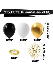 40pcs Gold, Black And White Metallic Latex Balloon Set With Gold Ribbons, Suitable For Weddings, Gold Theme Parties, Graduations And Other Decorations - Multicolor - View 7