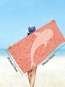 1pc Ultra-Fine Fiber Beach Towel, Coral Orange Whale Shark Pattern Printed Bath Towel, Sand Proof, Quick Drying, Absorbent, Oversized Sunbathing Towel, Suitable For Swimming Pools, Swimming, Camping, Beaches, Travel Essentials, - Type a - View 10