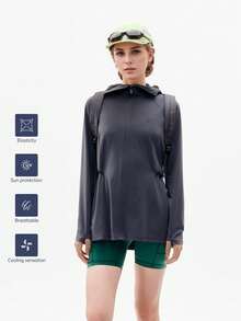 TECTOP 女士 UPF100+ 防晒外套，透气凉爽，带帽抽绳设计，拇指孔可保护面部和手部，春夏款 - 灰色 - 查看 3