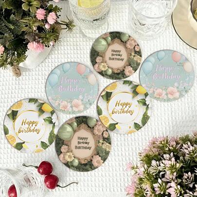 6 pièces/set Dessous de verre en bois style INS, anti-dérapants et isolants thermiques, décoration de table de fête, tapis de tasse à café avec motif de citron, de fleurs et de ballons, fournitures pour fête d'anniversaire