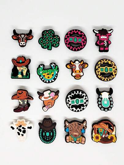 16 piezas Juego de encantadores de zapatos con estampado de mezclilla, hechos de material de PVC, se pueden usar como decoración de bolsas de playa, accesorios de zapatos, regalos para cumpleaños, Navidad, San Valentín, fiestas de Halloween