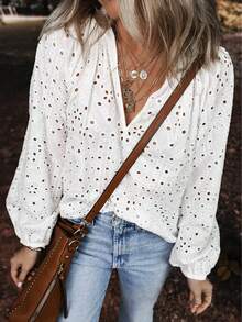 Solid Color Embroidered V-Neck Long Sleeve Shirt, Casual Wear Vacation Spring White - White - View 4