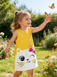 Đầm không tay in hình mèo hoạt hình dễ thương và nơ cho bé gái, thích hợp mặc ngày Valentine. - Màu vàng - Xem 4