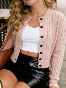 Pink Cable Knit Cropped Cardigan, Casual Buttoned Sweater For Daily Wear & Dates - Pink - View 1