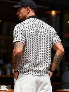 Men's Geometric Striped Contrast Color Hollow-Out Knitted Jacquard Fabric Casual Vacation Summer Short Sleeve Shirt - Black and White - View 8