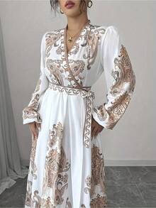 Áo choàng in họa tiết - Áo choàng dài tay kiểu Trung Đông dành cho nữ - trắng - Xem 5
