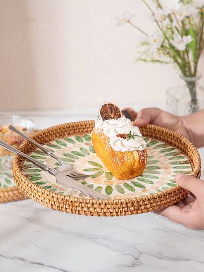 1 chiếc giỏ đựng đồ bằng mây có đế gỗ khảm vỏ ngọc trai, khay đựng đồ trang trí nhà cửa, không tiếp xúc trực tiếp với thực phẩm.