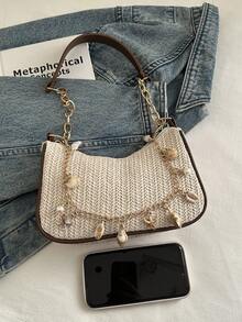 女士贝壳珍珠链条草编腋下包，夏季海滩度假风单肩包 - 白色 - 查看 8