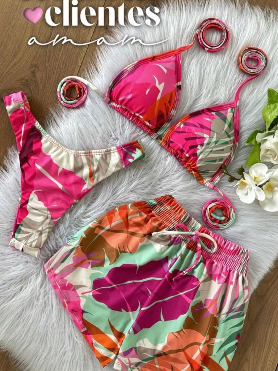 Bikini Set With Shorts - 玫紅色 - 查看 1