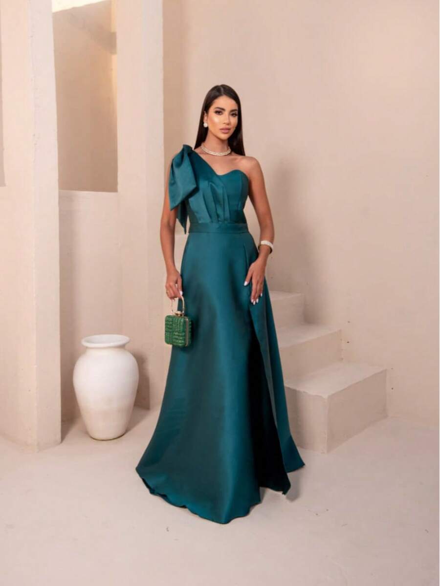 Women's Long Formal Dress In Zibeline Fabric With A Bow, Suitable For A Wedding Or Bridesmaid. - Dark Green - View 1