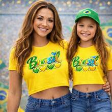 Cropped Oversized T-Shirt For Children 2 To 15 Years Old - BRAZIL / WORLD CUP! - Yellow Brazil With Hearts - View 2
