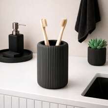 Minimalist Black Ribbed Decorative Toothbrush Holder For Bathroom Countertop, Compact And Elegant. - Phong cách đen thuần túy - Xem 4