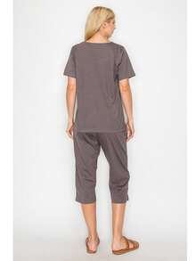 Women Short Sleeves Embroidered Cotton Blend Lounge Wear  Sets - D.Grey - View 6
