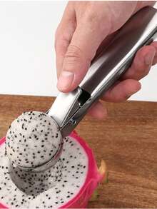 1pc Portable Stainless Steel Ice Cream Scoop, Pressure Activated Ejection, Fruit Ball Maker, Ice Cream Spoon, Suitable For Home, Outdoor Camping, Picnic, Watermelon - Silver - View 3