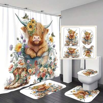 1/4 套可爱奶牛花卉图案浴室套装，包括浴垫、U型马桶垫、马桶盖套、防水浴帘（带12个挂钩）和装饰性浴室配件