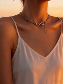 1pc Women's Double-Layer Necklace, Hip-Hop Copper Inlaid Zirconia Infinity & Snake Pendant Y2K Millennium Necklace - Silver - View 1