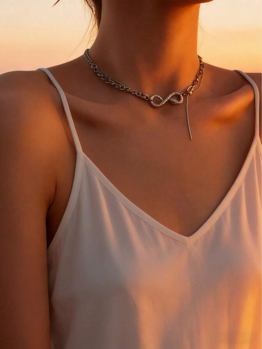 1pc Women's Double-Layer Necklace, Hip-Hop Copper Inlaid Zirconia Infinity & Snake Pendant Y2K Millennium Necklace - Silver - View 1