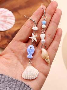 1 Pair Fashionable & Cute Asymmetric Beaded Earrings With Ocean Elements Like Fish, Seashell, Starfish, Suitable For Daily Wear, Holidays, Beach Vacation - Multicolor - View 2