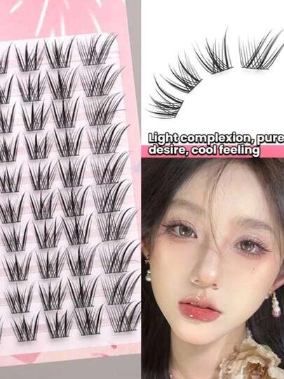 80pcs Natural Look Elongated Winged False Eyelashes, Cartoon Style For Daily, Commute, Party, Date, Beginner Friendly Easy To Use