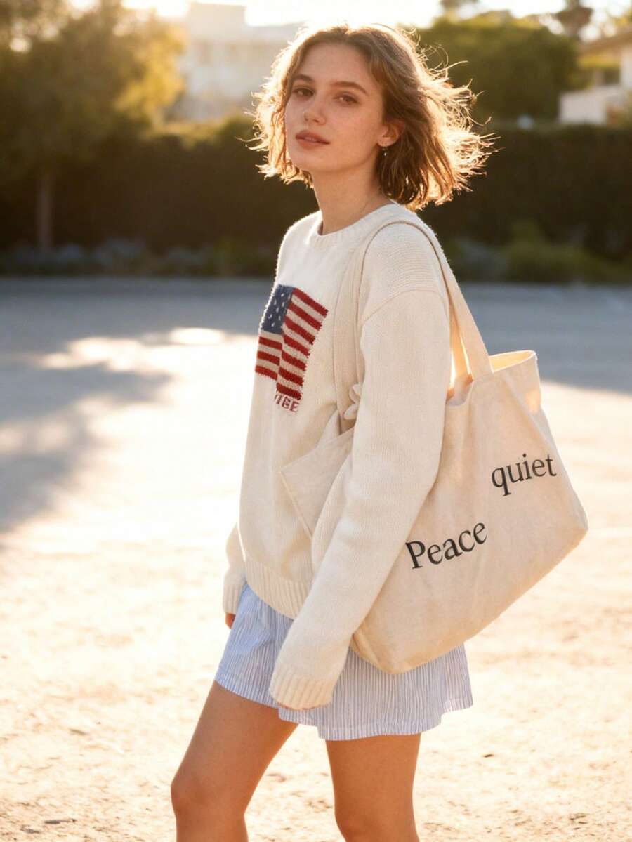 VIBEWAVE American Flag Women Pullover Commuter Casual Autumn/Winter New Design Long Sleeve Sweater - Màu be - Xem 1