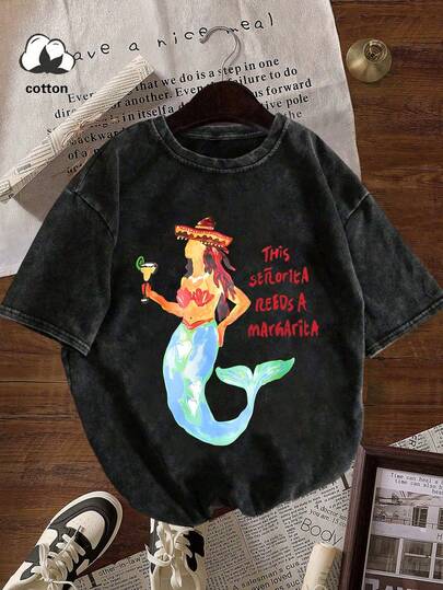Women's Mermaid Print Short Sleeve T-Shirt, Spring/Summer