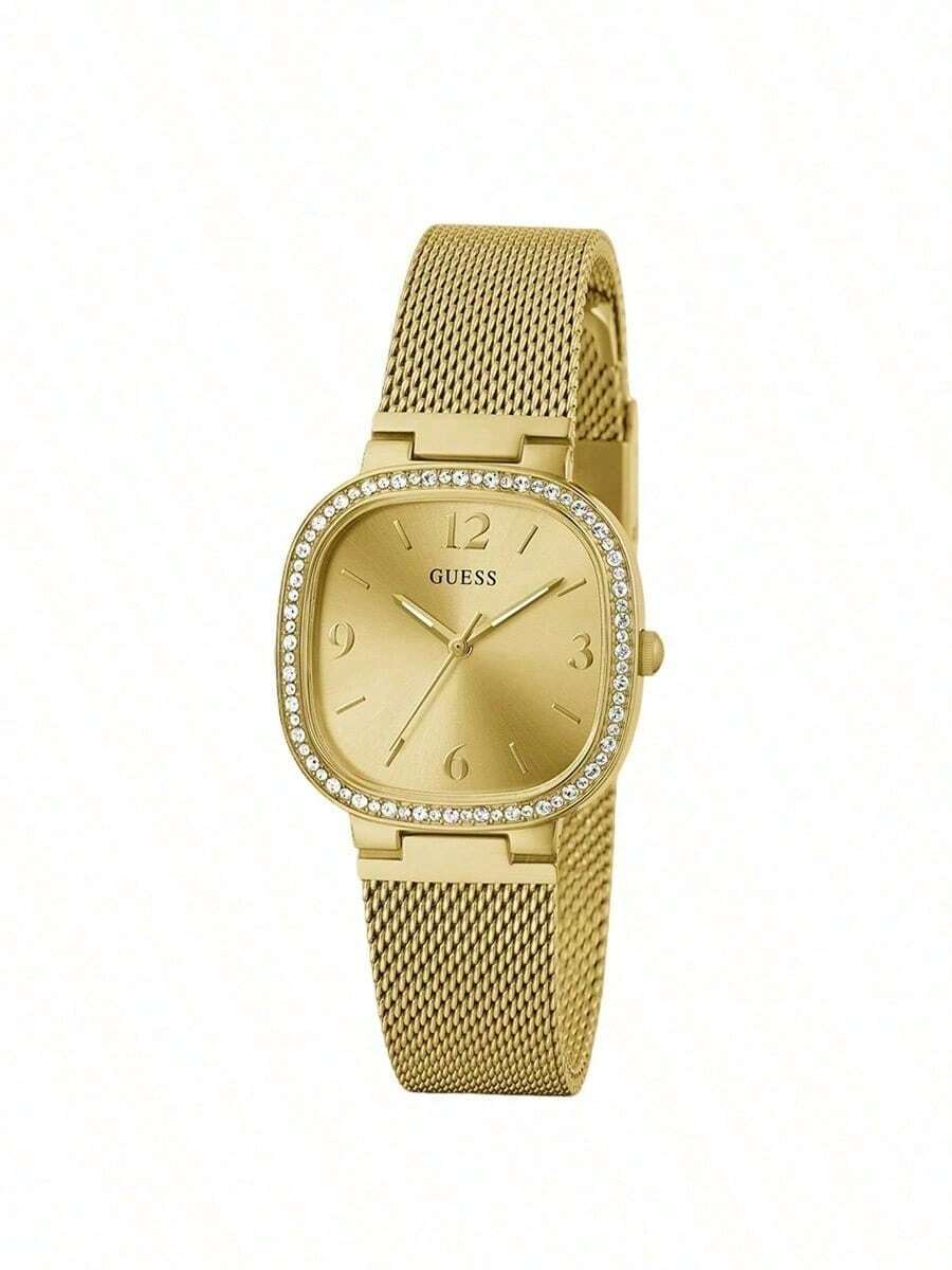 Guess Đồng hồ nữ sang trọng dây lưới vàng, viền đính đá, mặt số hình vuông bo tròn, máy quartz, phụ kiện thời trang cho tiệc tùng, hẹn hò, quà tặng kỷ niệm. - Vàng - Xem 1