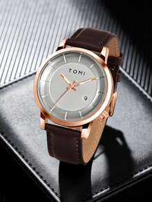 Reloj de pulsera minimalista de negocios para hombres TOMI con correa de cuero y fecha de 4 dígitos - Marrón - Ver 3