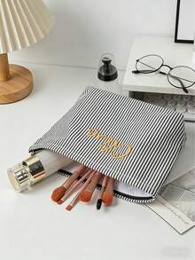 Customized Embroidered Name Striped Canvas Tote Bag, Showcase Unique Style, Personalized Letter Striped Shoulder Bag, Solid Color Zipper Canvas Bag, Large Capacity Casual Bag, Multi-Color Strap, Suitable For Travel, Student Shoulder Bag ,Baglover - Multicolor - View 10