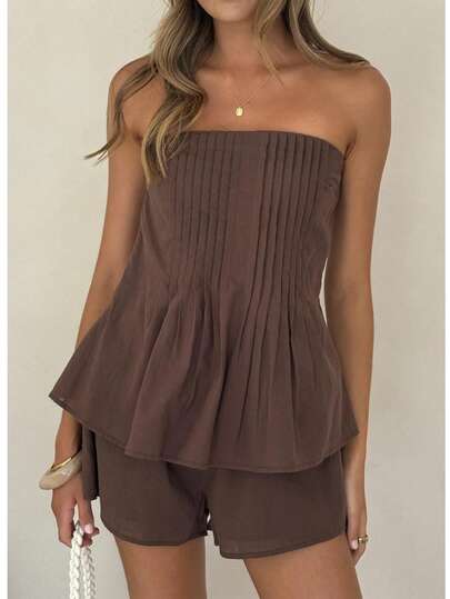 New Elegant Casual Solid Color Cropped Top With Pleats & Drawstring Waist Shorts, Suitable For Beach, Vacation, Daily Wear, Dates, Garden Summer