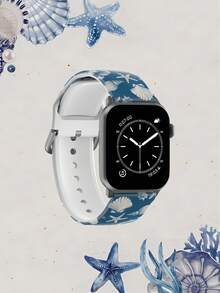 1pc Soft Elastic Breathable Seawater Blue Starfish & Shell Pattern Watch Band, Suitable For Samsung, Honor Smartwatches, 38mm 40mm 41mm 42mm 46mm 45mm 44mm 49mm, Beach Holiday Gift, Casual Silicone Watch Strap For Apple Watch Ultra SE/11/10/9/8/7/6/5/4/3/2/1 - Multicolor - View 3